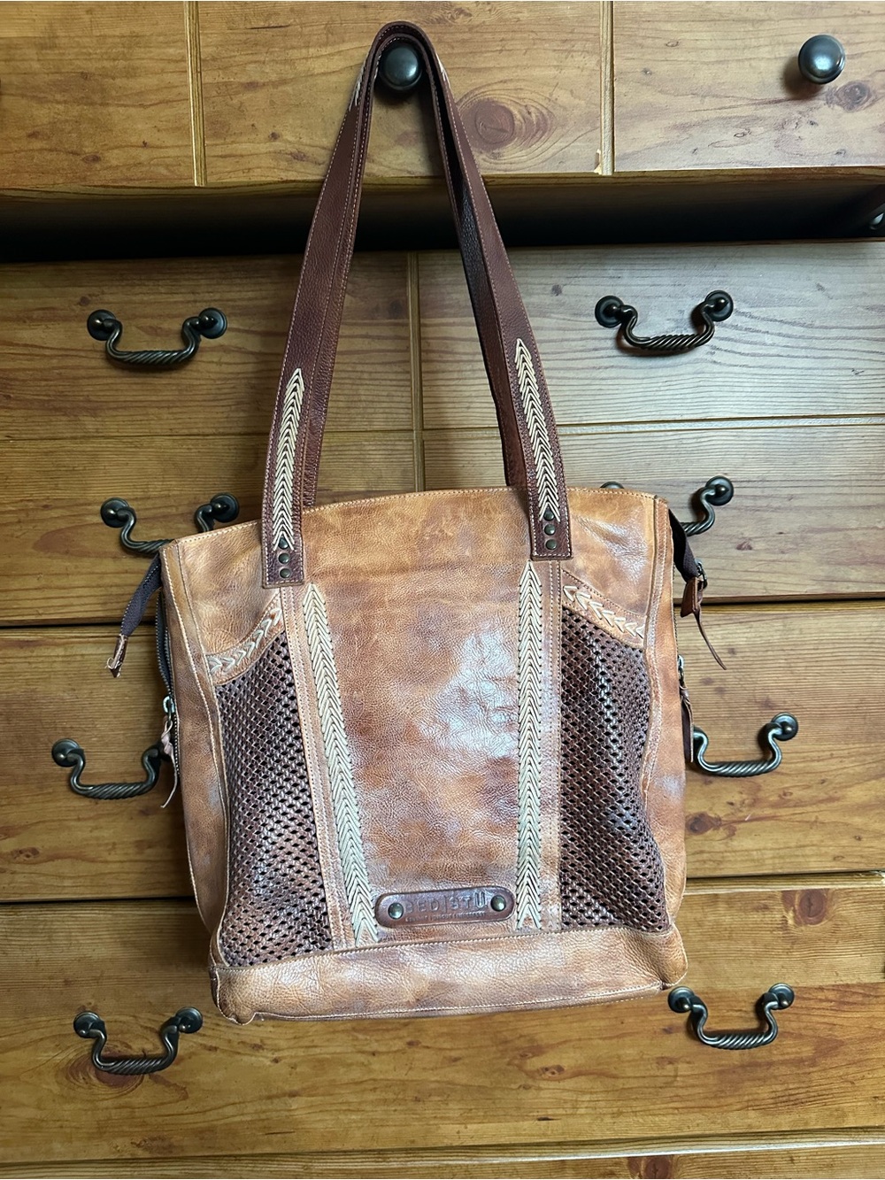Bed Stu Brown Tan Woven Leather Tote - Picture 12 of 12